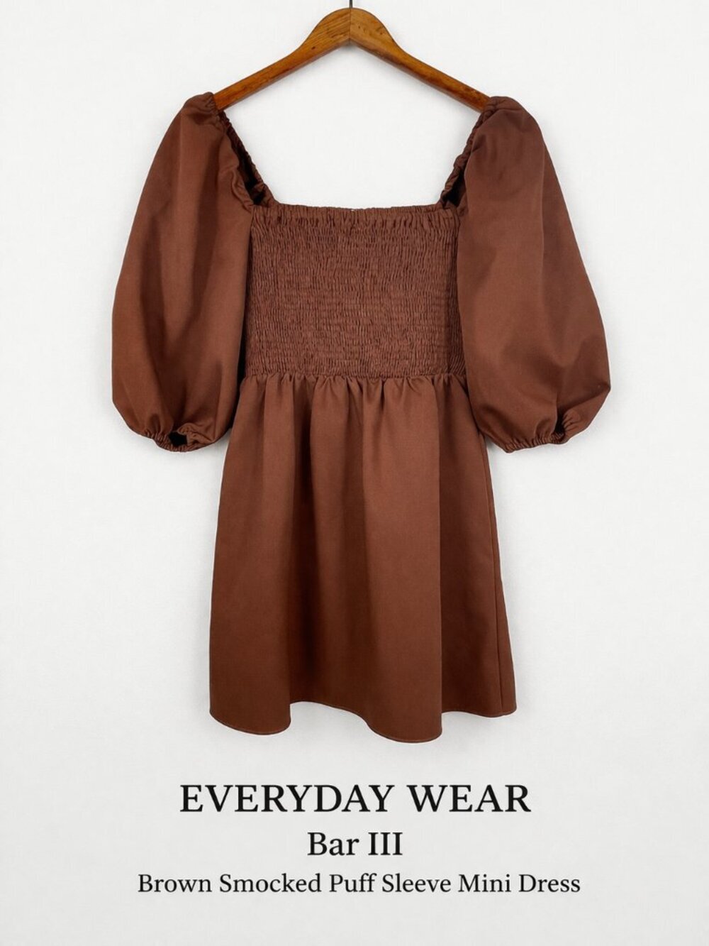 Bar III Chocolate Brown Smocked Puff Sleeve Mini Dress Square Neck S